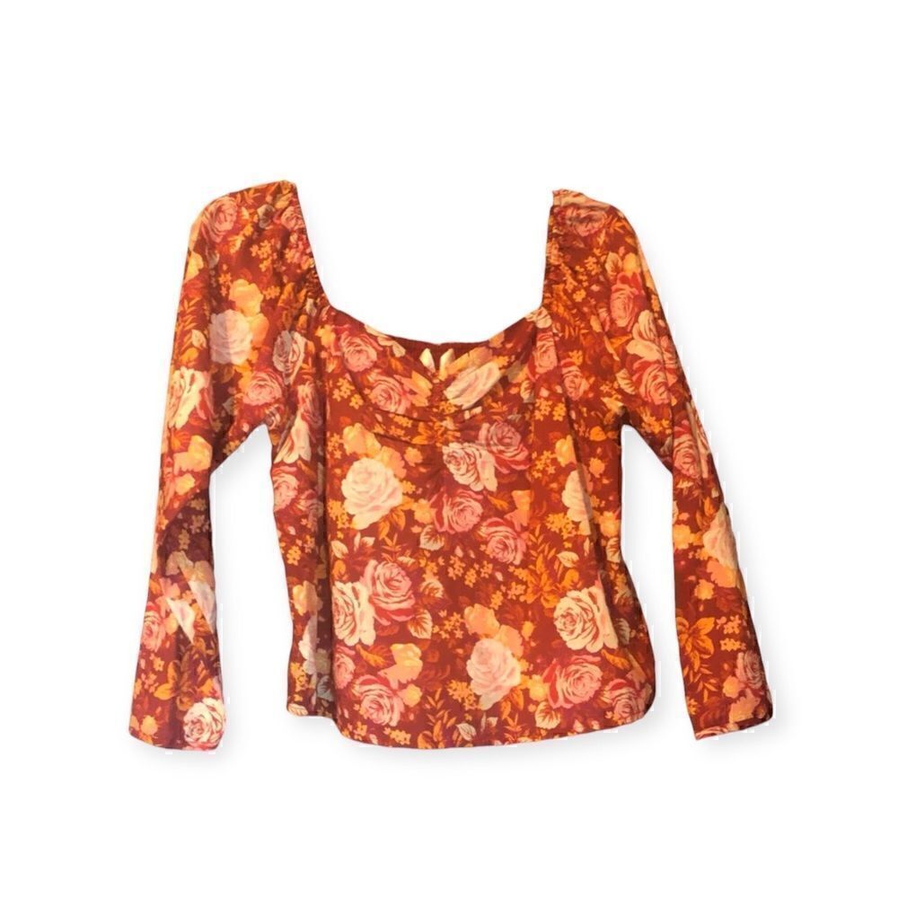 NWT WAYF Rust-Red Rose Elastic Shoulder Sleeves Neck.100% Cotton Inside Lined